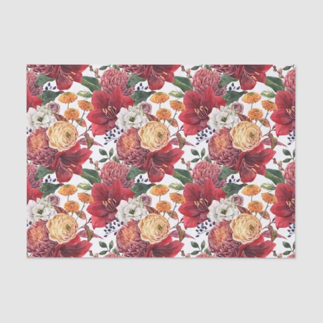 Amaryllis and Chrysanthemums Floral Pattern Tissue Paper (Front)