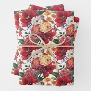 Amaryllis and Chrysanthemums Floral Pattern Wrapping Paper Sheet