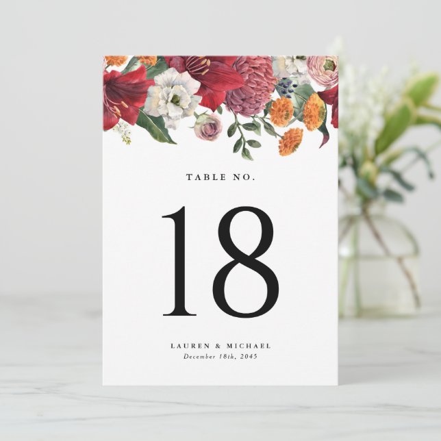Amaryllis and Mums Botanical Wedding Table Number (Standing Front)