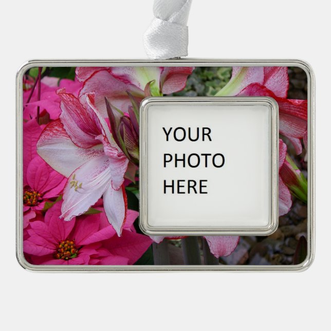 Amaryllis and Poinsettia Red Holiday Flowers Silver Plated Framed Ornament (Front)