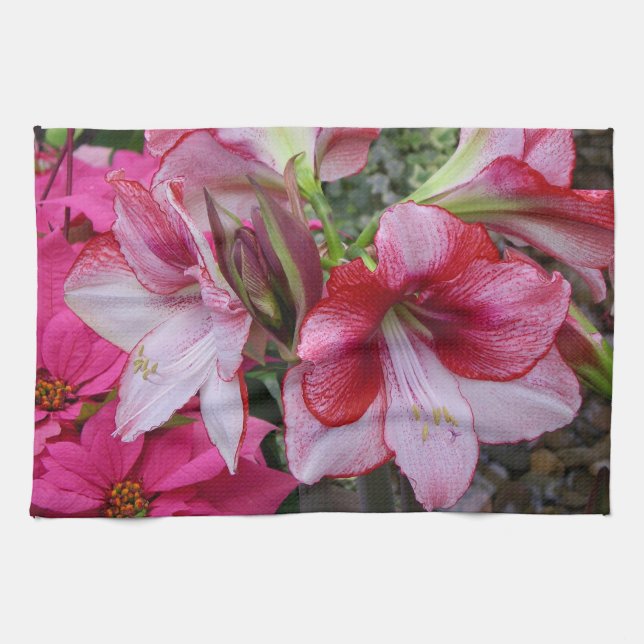 Amaryllis and Poinsettia Red Holiday Flowers Tea Towel (Horizontal)