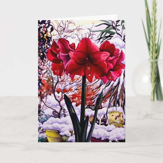 Amaryllis by Snow Window Holiday Card (Front)