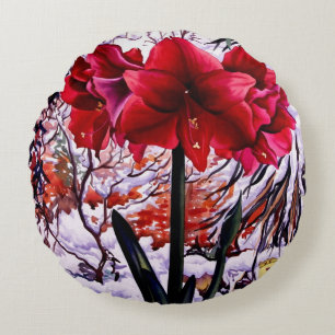 Amaryllis by Snow Window Round Cushion