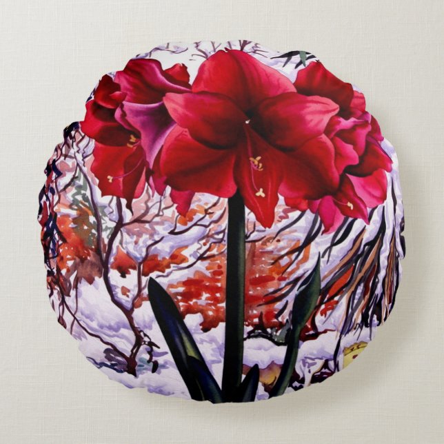 Amaryllis by Snow Window Round Cushion (Front)