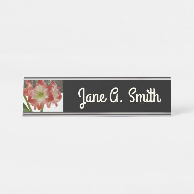 Amaryllis in Snow Red Holiday Winter Floral Desk Name Plate (Front)