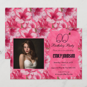 Amaryllis Pink Flower Girl Birthday Trendy Invitation