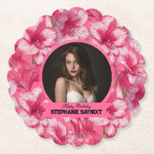 Amaryllis Pink Theme 15Th Birthday Custom Paper Coaster