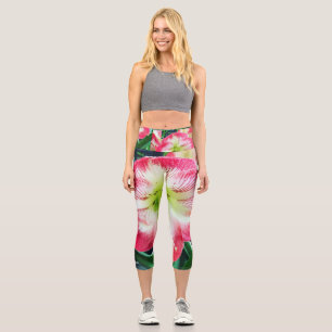Amaryllis pink white colour gentle flower branch capri leggings