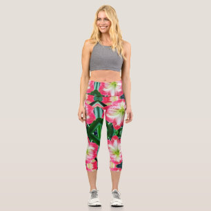 Amaryllis pink white colour gentle flower branch capri leggings