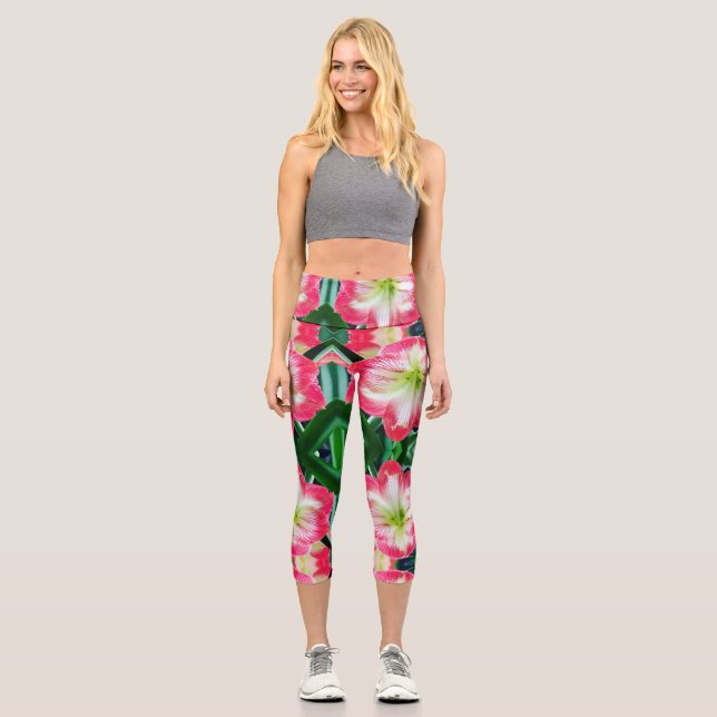 Amaryllis pink white colour gentle flower branch  capri leggings (Front)