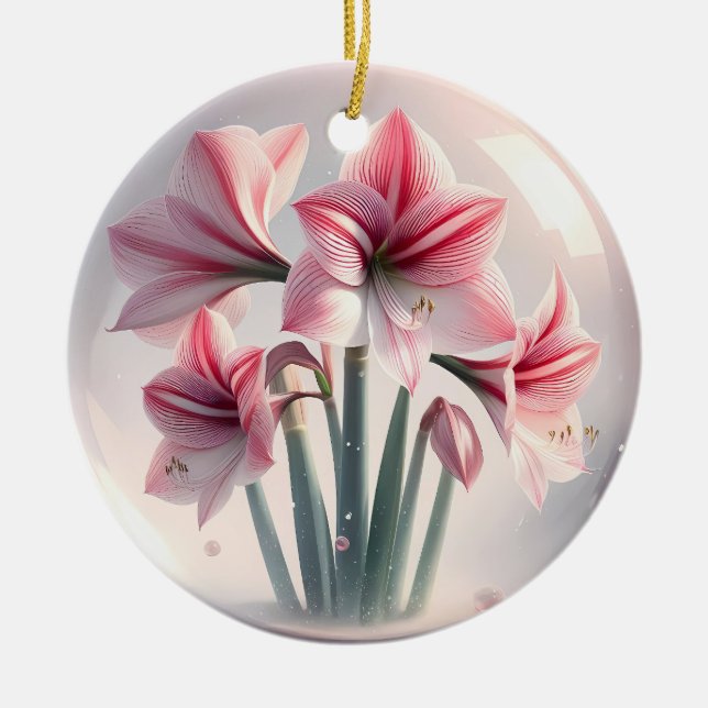 Amaryllis Pink White flowers Ceramic Tree Decoration (Front)