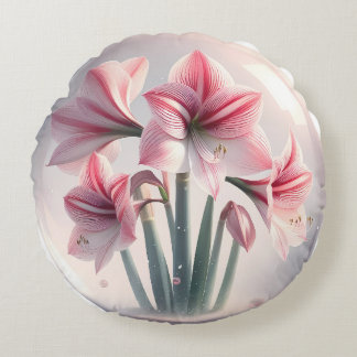 Amaryllis Pink White flowers Round Cushion