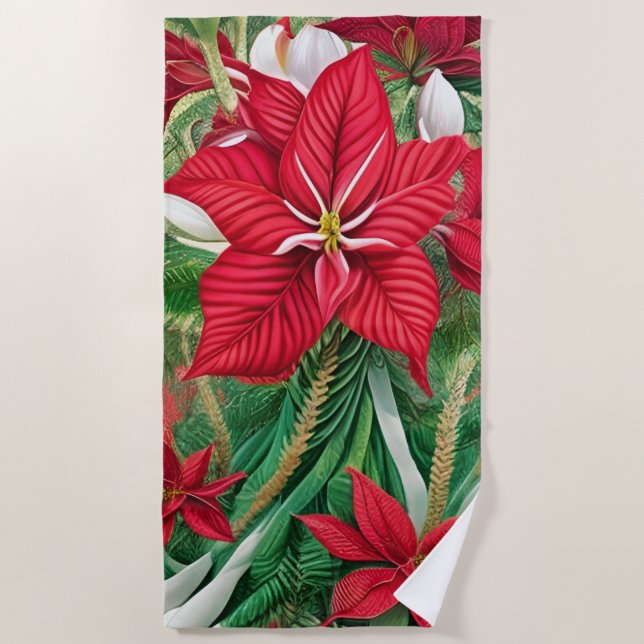 Amaryllis Poinsettia Hybrid AI Art Beach Towel (Front)