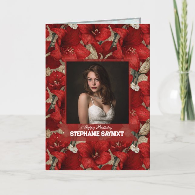Amaryllis Red Garden Milestone Birthday Boho Card (Front)