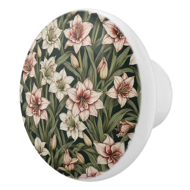 Amaryllis vintage flowers pattern ceramic knob (Right)