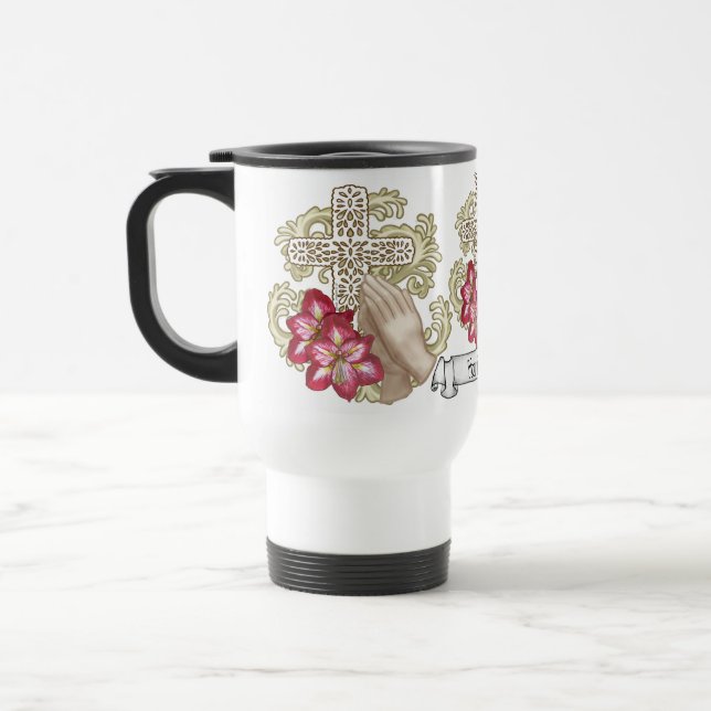 Amaryllis Wh Christian Cross Travel Mug (Left)