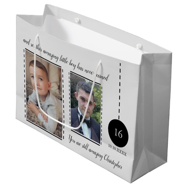Amazing 16th Birthday name date grey photos Large Gift Bag (Front Angled)
