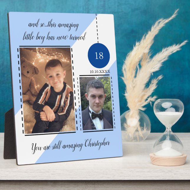 Amazing 18th Birthday name date blue photos Plaque (Side)
