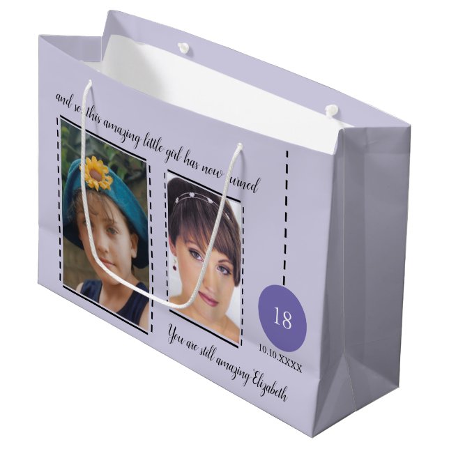 Amazing 18th Birthday name date purple photos Large Gift Bag (Front Angled)