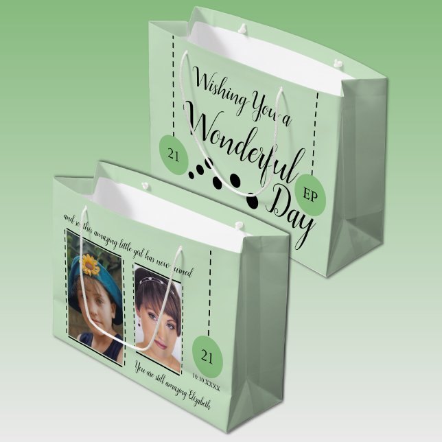 Amazing 21st Birthday name date green black photos Large Gift Bag (Creator Uploaded)