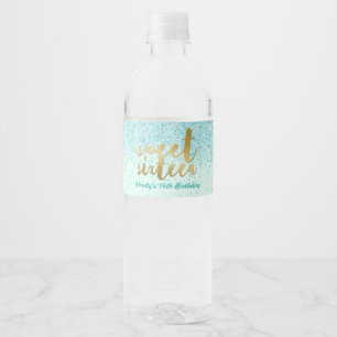 Amazing Aqua Glitter, Sweet 16 Water Bottle Label
