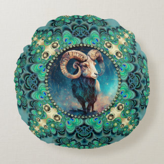 Amazing Aries Zodiac Green Blue Fractal Lace Round Cushion
