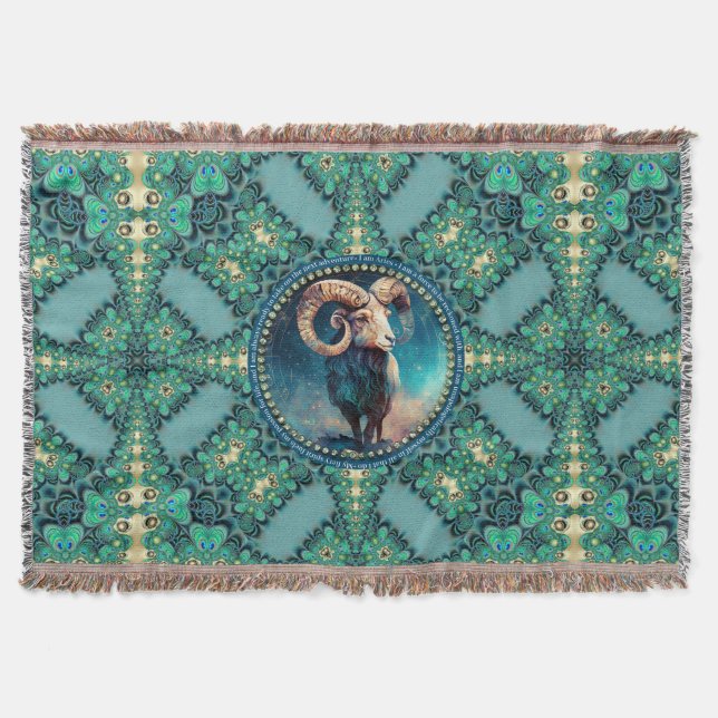 Amazing Aries Zodiac Green Blue Fractal Lace Throw Blanket (Front)