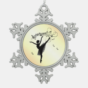 Amazing Ballerina Dancing with Music Yellow Snowflake Pewter Christmas Ornament