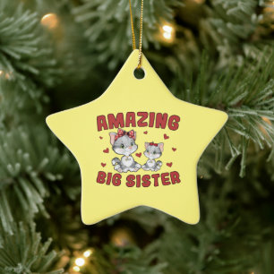 Amazing Big Sister - Kitty Cats Red Hearts Ceramic Tree Decoration