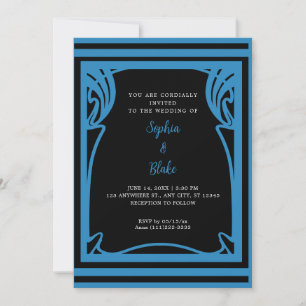 Amazing Black and Blue Art Deco Wedding Invitation