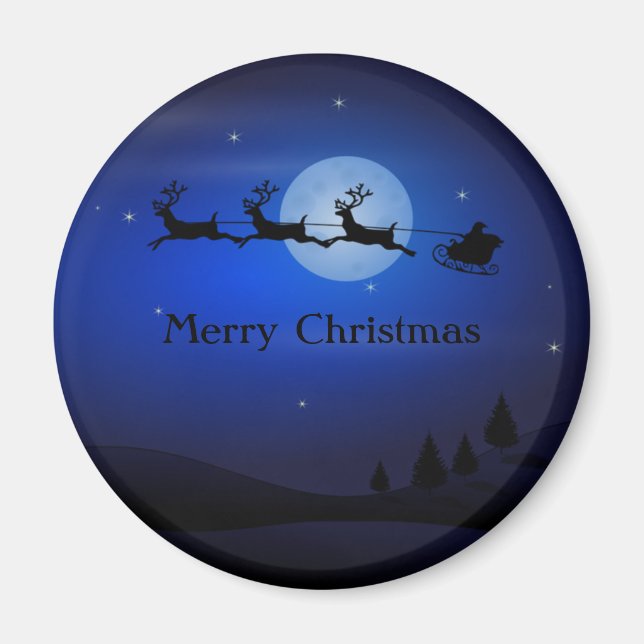 Amazing Blue Night Santa and Reindeer Magnet (Front)