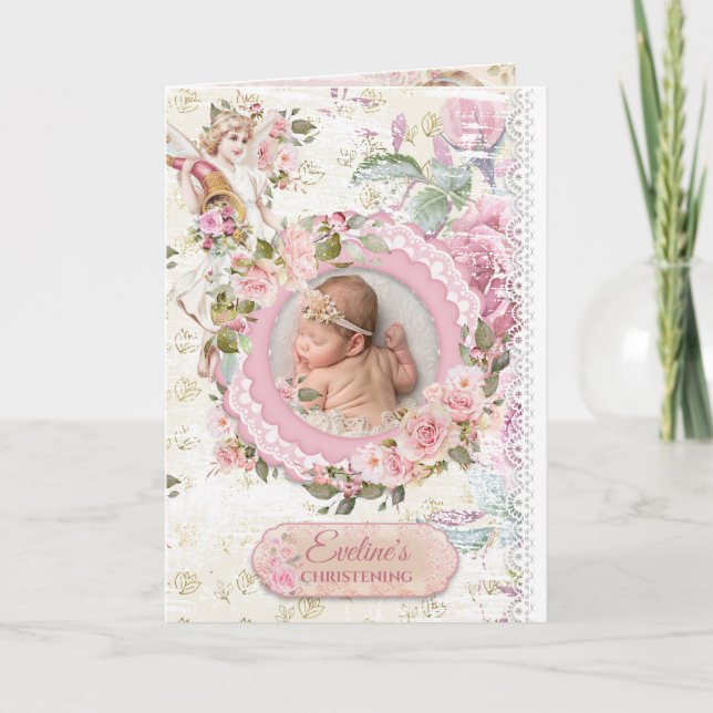 Amazing boho blush roses angels photo baptism  invitation (Front)