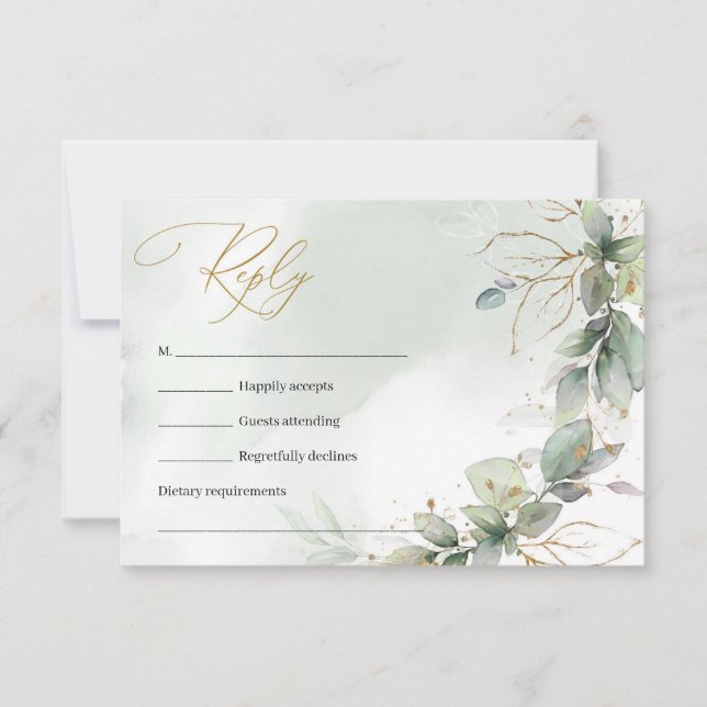 Amazing boho greenery foliage leaves faux gold RSVP card (Front)