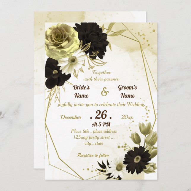 Amazing brown ivory gold floral geometric wedding invitation (Front/Back)