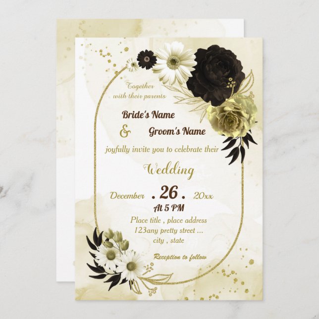 Amazing brown ivory gold floral geometric wedding invitation (Front/Back)