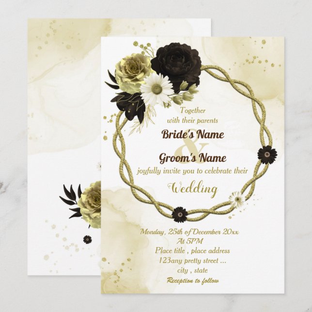 Amazing brown ivory gold floral wreath wedding invitation (Front/Back)