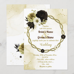 Amazing brown ivory gold floral wreath wedding invitation