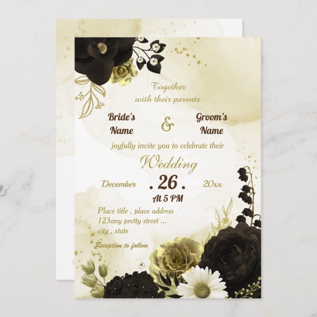 Amazing brown ivory gold flowers wedding invitation (Front/Back)