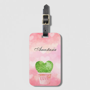 Amazing, Cool, Pink Heart Cactus Watercolor Luggage Tag