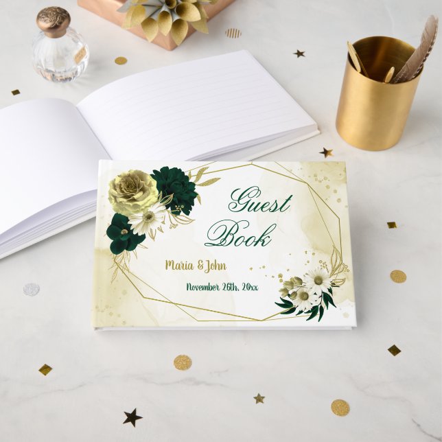 Amazing emerald green ivory gold flowers geometric guest book (Front Open)