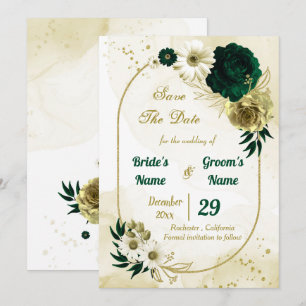 Amazing emerald green ivory gold flowers geometric save the date