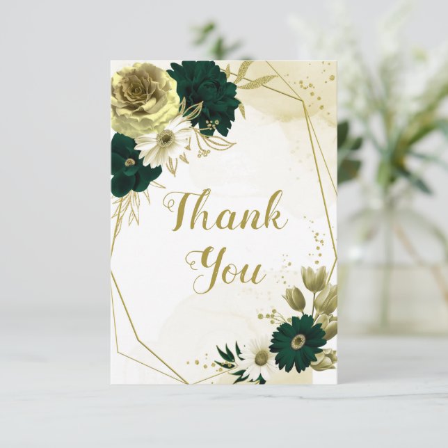 Amazing emerald green ivory gold flowers geometric thank you card (Standing Front)