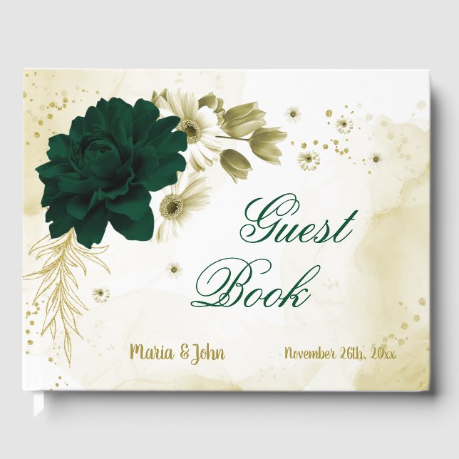 Amazing emerald green ivory gold flowers  guest book (Front)