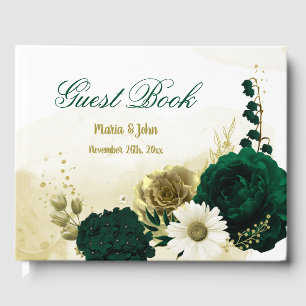 Amazing emerald green ivory gold flowers guest book