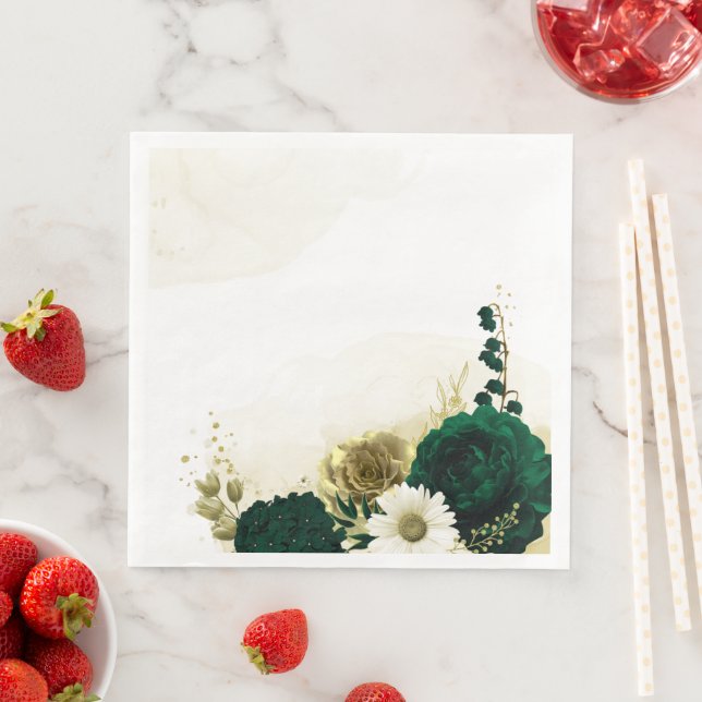 Amazing emerald green ivory gold flowers napkin (Insitu)