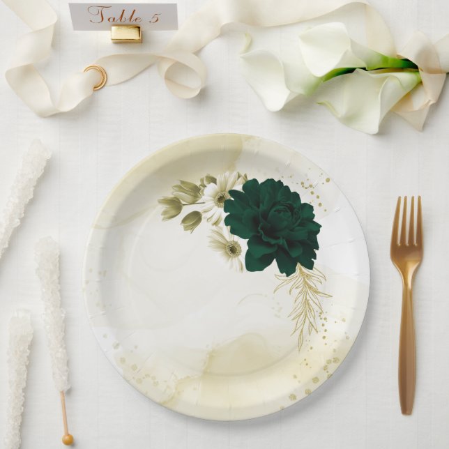 Amazing emerald green ivory gold flowers paper plate (Wedding)