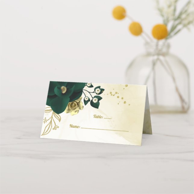 Amazing emerald green ivory gold flowers place card (Front)