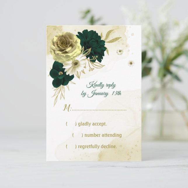 Amazing emerald green ivory gold flowers RSVP card (Standing Front)