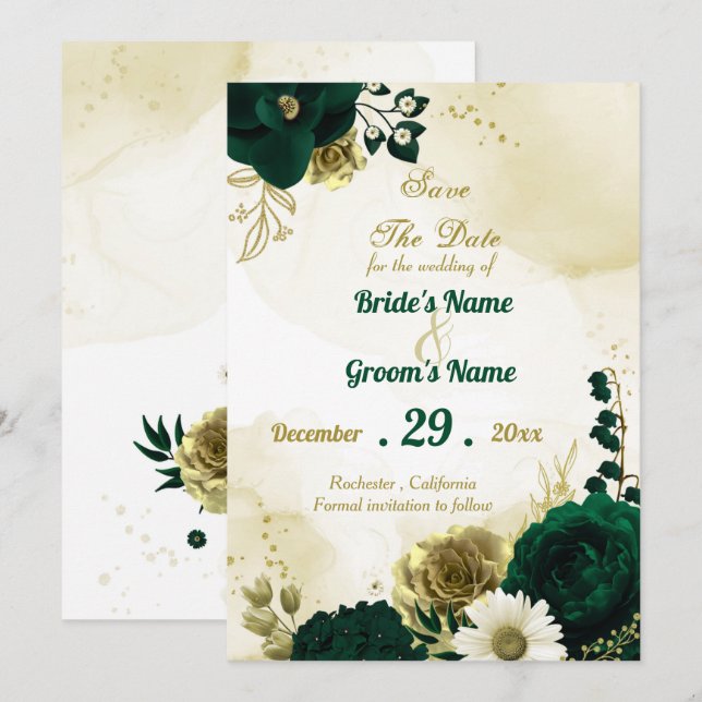 Amazing emerald green ivory gold flowers save the date (Front/Back)