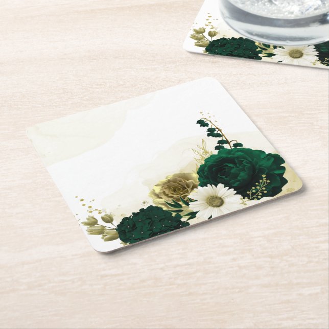 Amazing emerald green ivory gold flowers square paper coaster (Angled)